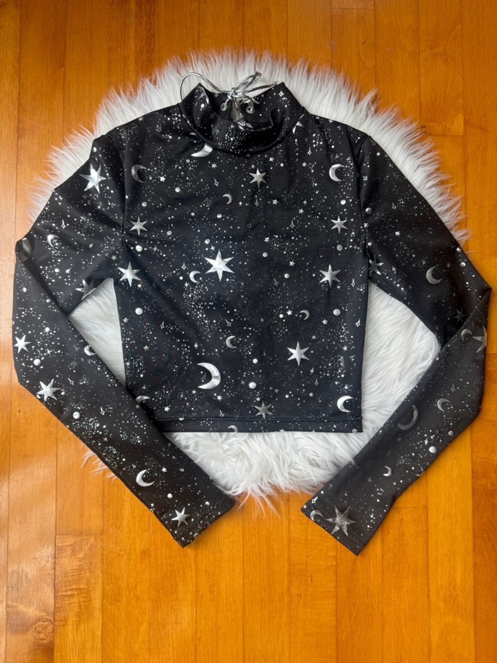 Dolls Kill Current Mood Black Celestial Silver Long Sleeve Crop Top